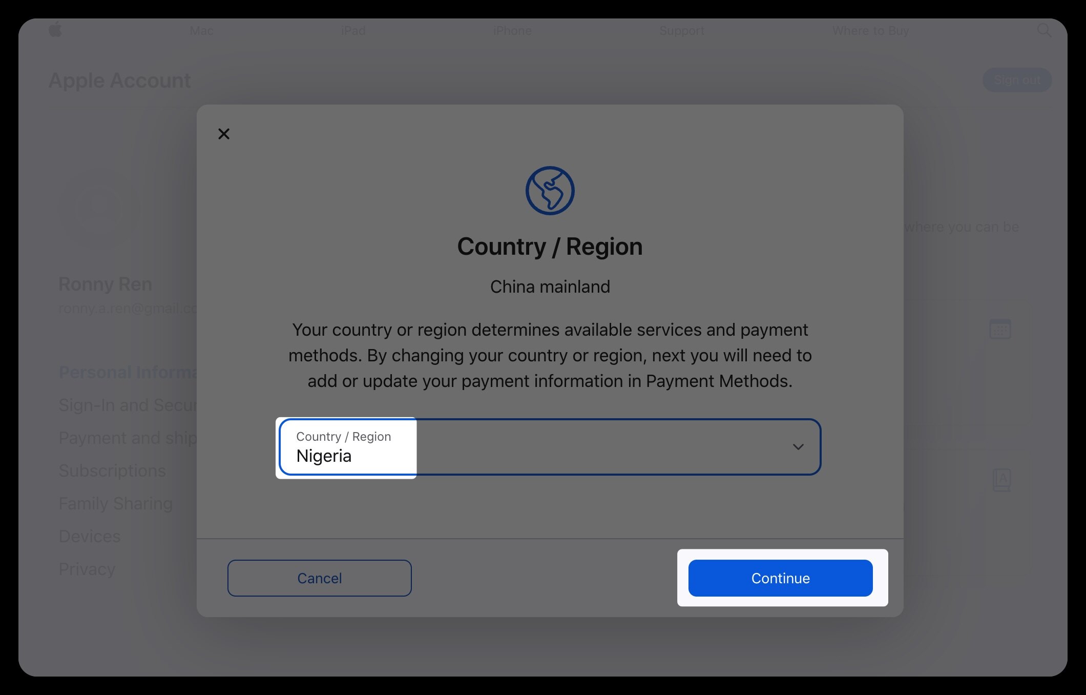 Apple Account 修改国家或地区截图