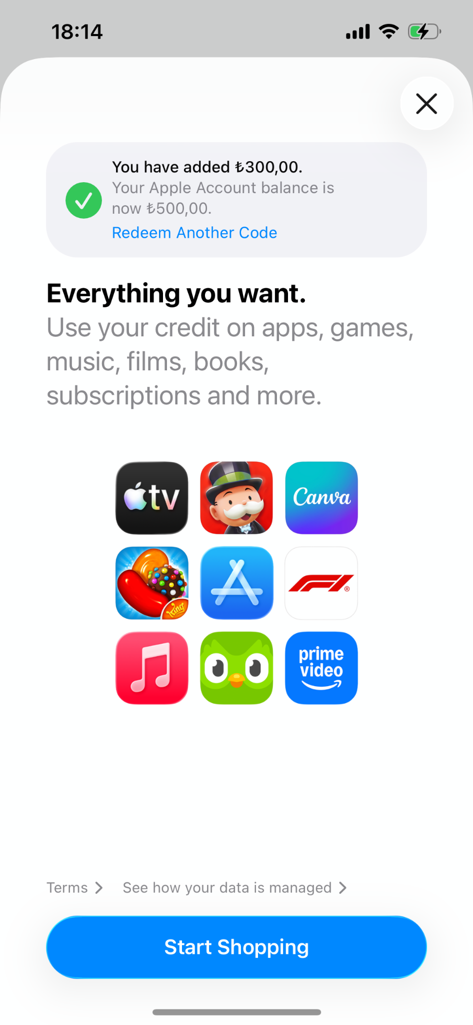 Apple 礼品卡兑换成功截图
